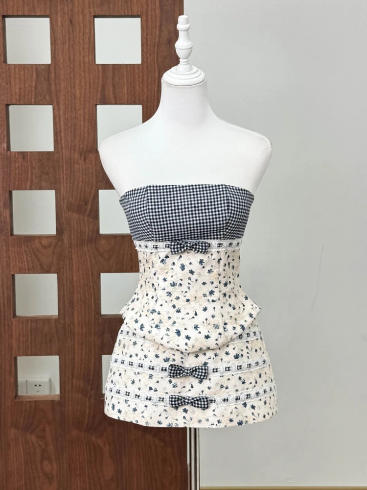 Romantic Plaid Strapless Lace Up Top and Floral Mini Skirt Set