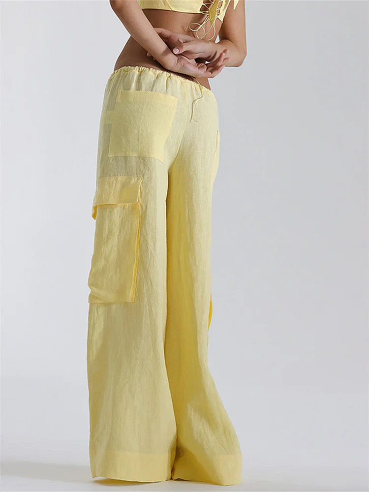 Streetwear Vibe Wide Leg Cargo Pants With Pockets And Drawstring Waist For Women