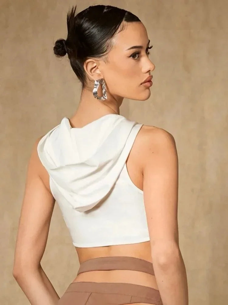 Y2K White Hooded Hollow Out Crop Tank Top