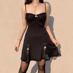 Gothic Kawaii Lace Trim Sleeveless V Neck Mini Dress With Bow Accent