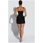 Sequin Patchwork Sling Mini Dress Off Shoulder Backless Waist Cinching Party Gown
