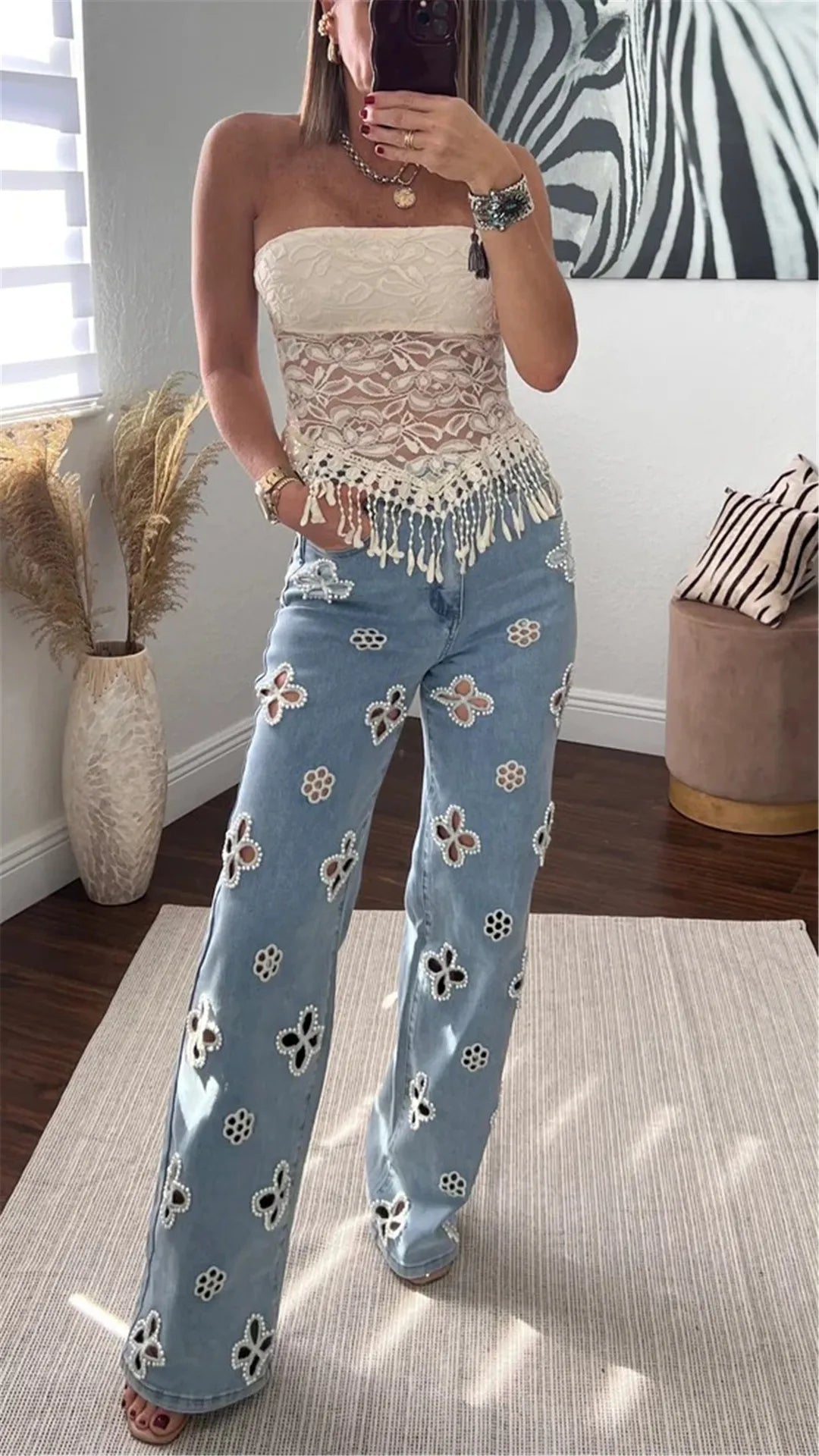 Glam Night Out Beaded Denim Jeans With Pearl Embellishments