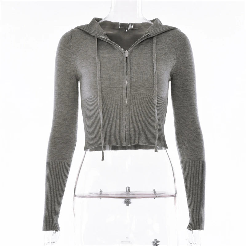 Ribbed Knit Two Piece Tracksuit Set With Hooded Crop Top And Elastic Zippered Pants