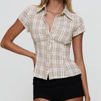 Vintage Plaid Button Down Shirt For Women Short Sleeve Blouse