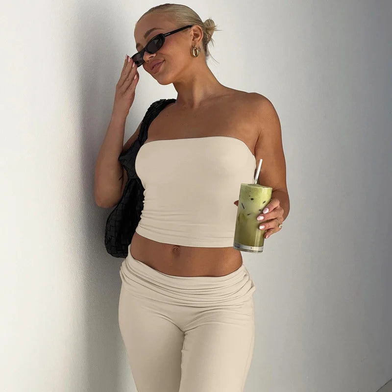 Strapless Crop Top And High Waist Ruched Flare Pants Set