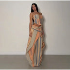 Chic Strips Pants Women Set Patchwork Slash Neck Bandage Top Pleated Asymmetry Trousers