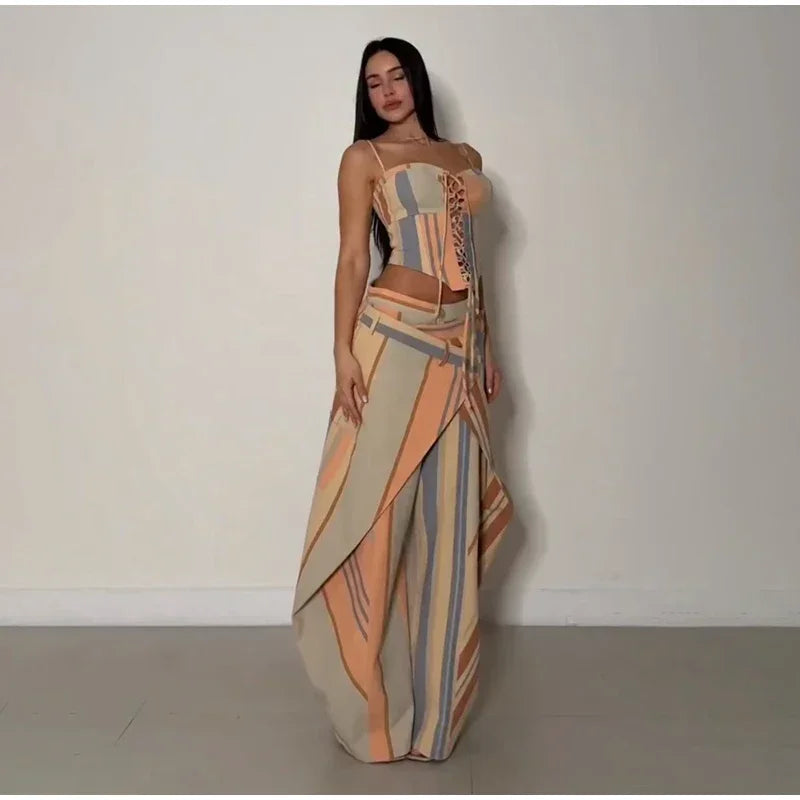 Chic Strips Pants Women Set Patchwork Slash Neck Bandage Top Pleated Asymmetry Trousers