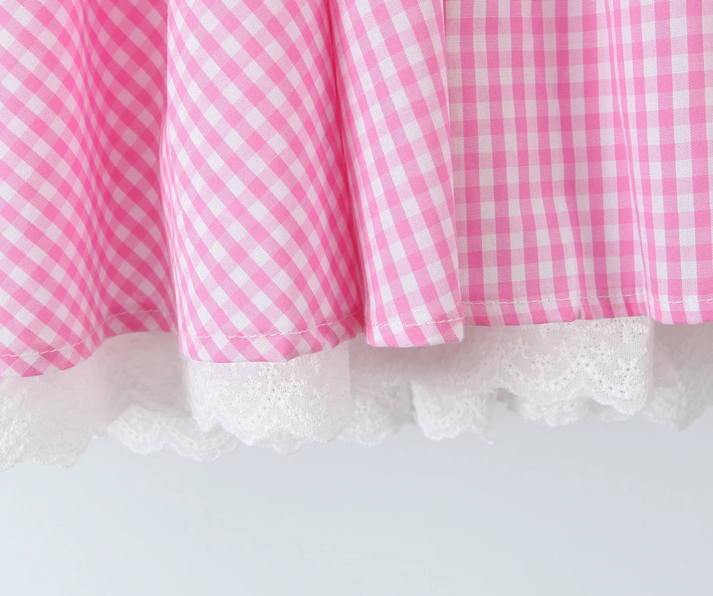 Pink Plaid Bow Sling With Lacing Up Detail For Women Slim Waist Ruched Skater Mini Dress