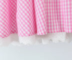 Pink Plaid Bow Sling With Lacing Up Detail For Women Slim Waist Ruched Skater Mini Dress