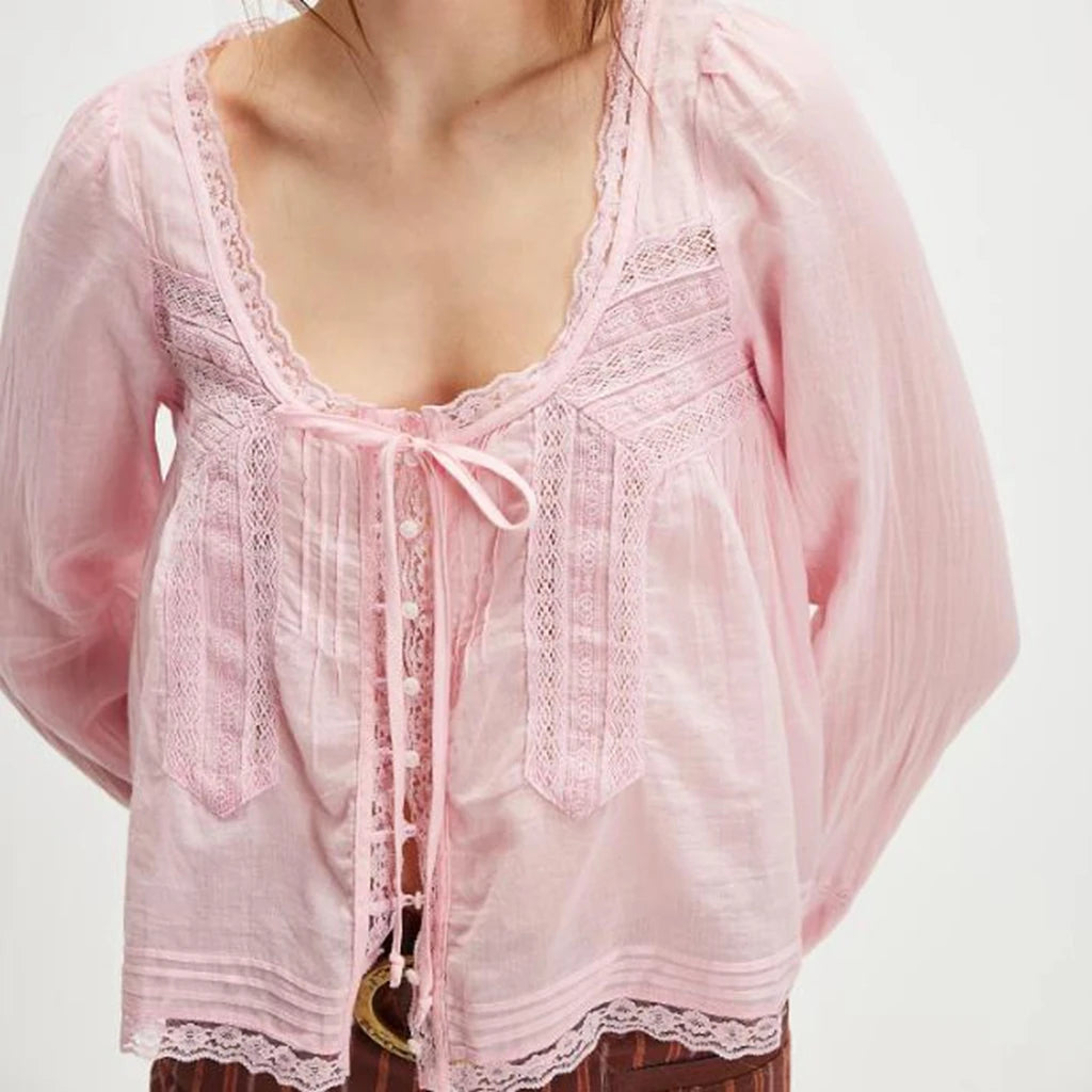 Dreamy Lace Patchwork Sheer Long Sleeve Blouse With Square Neck And Tie Front Crop Top