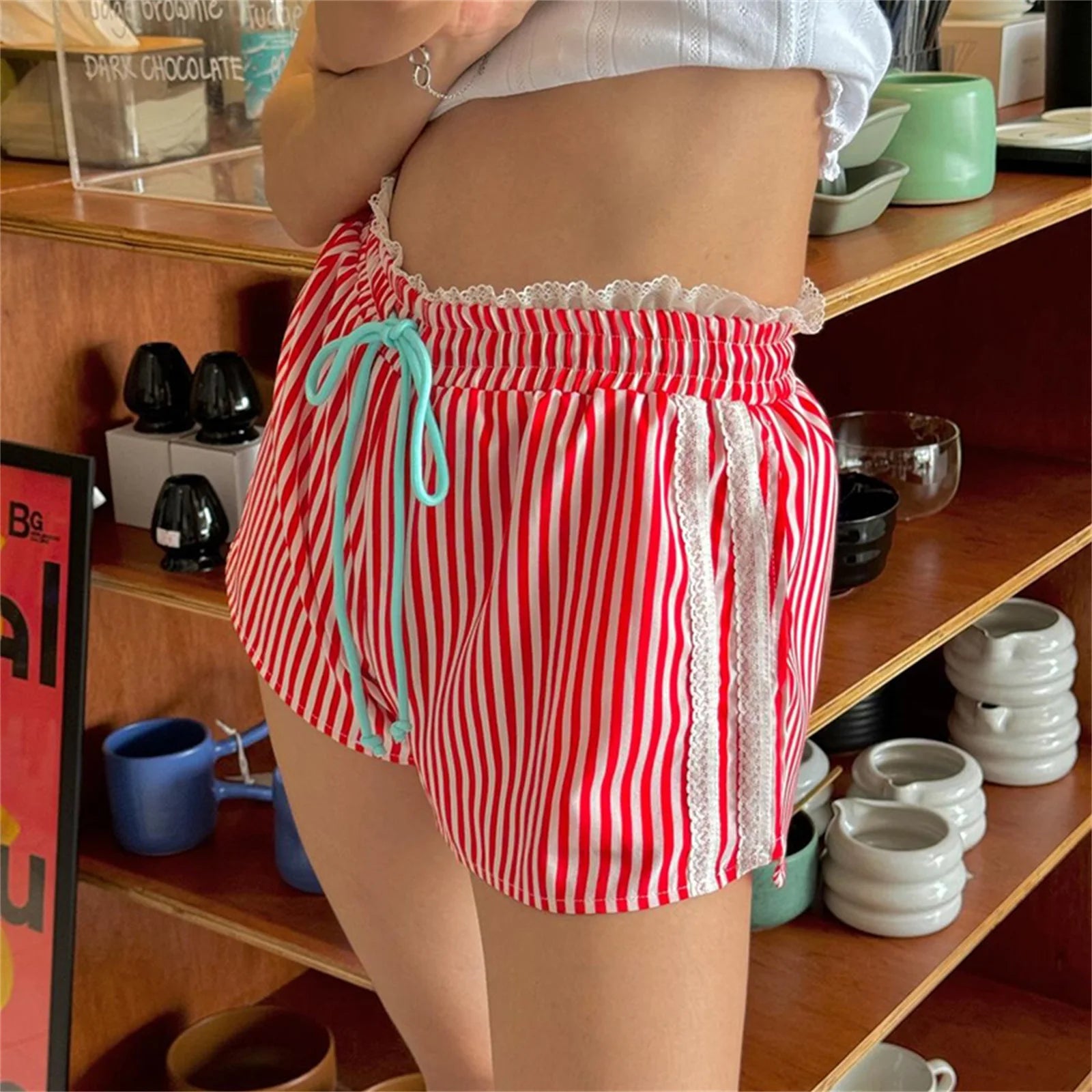 Vintage Kawaii Ruffles Lace Trim Striped Shorts With Drawstring For Cozy Cottagecore