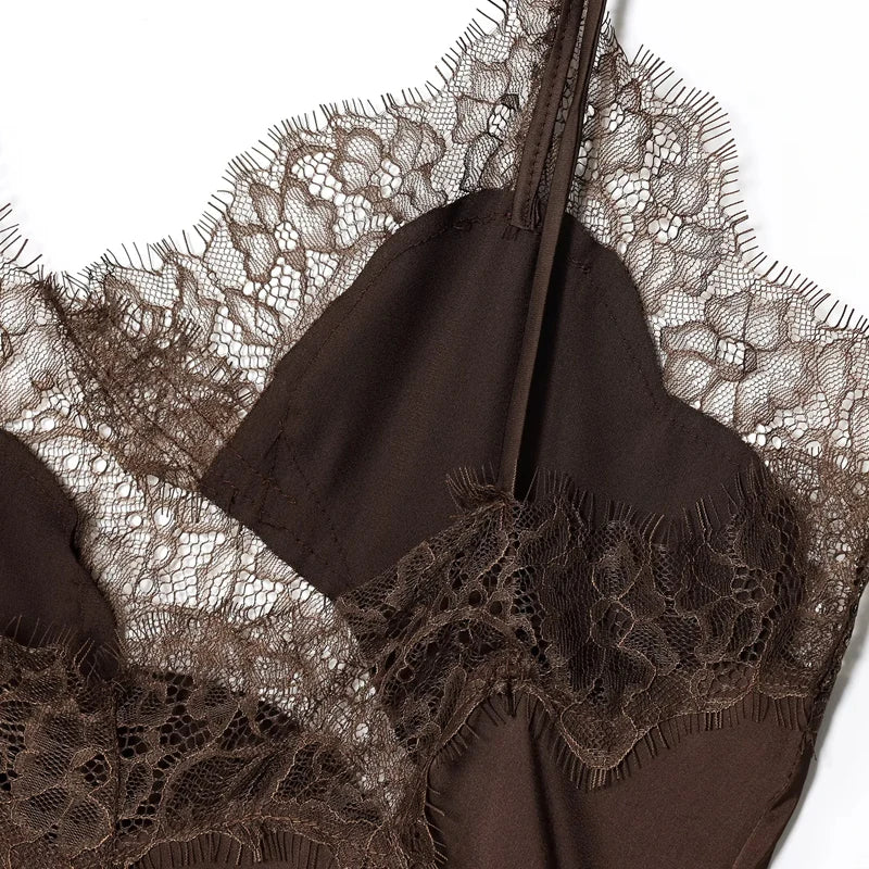 Satin Elegant Backless Lace Slip Dress