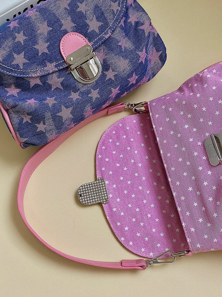 Contrast Color Star Print Crossbody Bag for Women Lightweight Shoulder Purse With Buckle