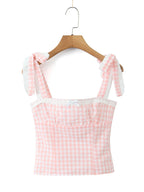 Women New Fashion Sweet Plaid Chic Lace Patchwork French Square Collar Backless Top