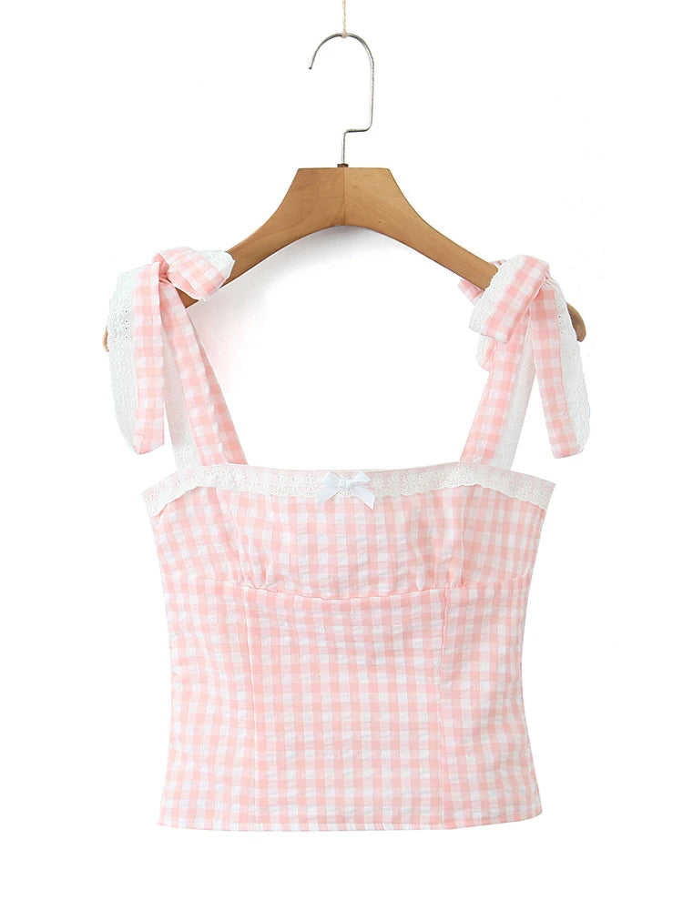 Women New Fashion Sweet Plaid Chic Lace Patchwork French Square Collar Backless Top