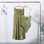 Two Piece Lace Up Top V Neck Sleeveless And A Line Skirt Set
