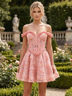 Off Shoulder Floral Embroidery Mini Dress With Delicate Ruffles Sleeveless And Backless