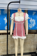 Sweet Vintage Plaid Babydoll Mini Dress With Gingham Lace Trim