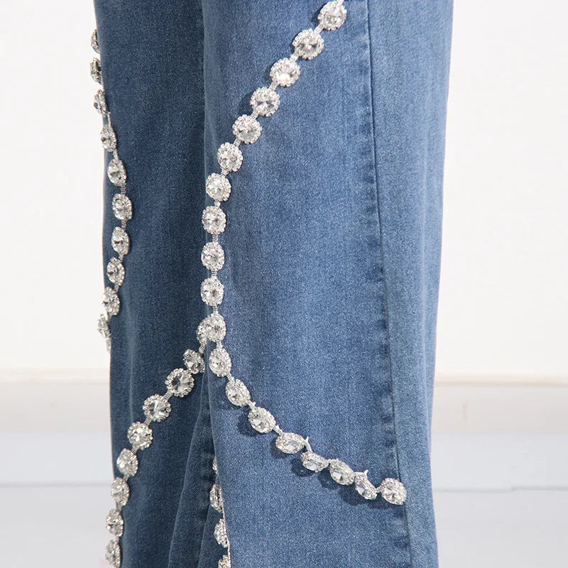 Glimmering Rhinestone Patchwork Denim With Loop Detail For A Chic Straight Leg Silhouette