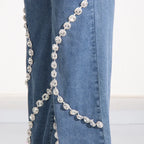 Glimmering Rhinestone Patchwork Denim With Loop Detail For A Chic Straight Leg Silhouette