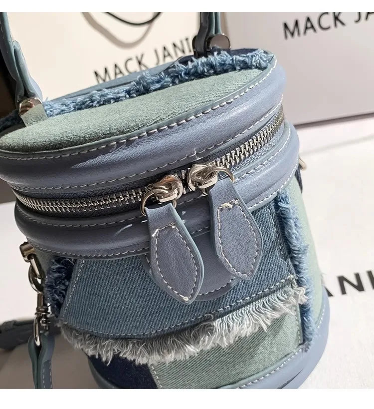Denim Tassel Cylinder Bag For Women With Shoulder Messenger Style