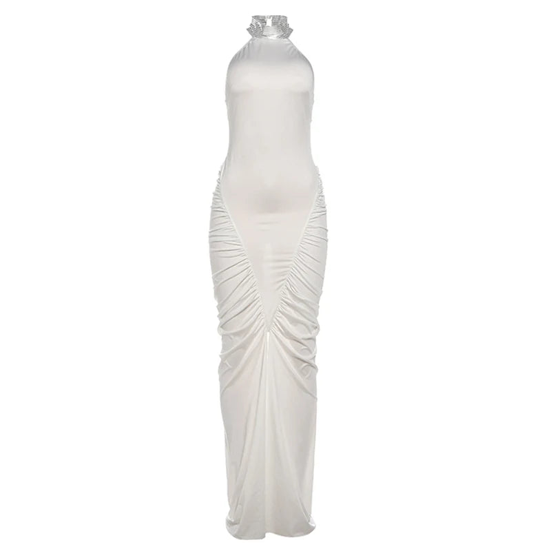 Elegant Backless Halter Ruched Long Dress With Striped Detailing