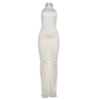 Elegant Backless Halter Ruched Long Dress With Striped Detailing