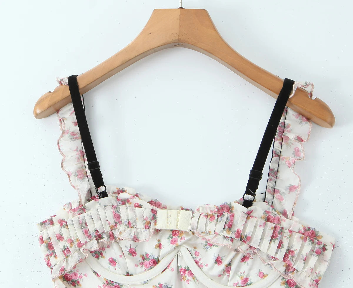 Floral Print Women Sexy Hollow Out Backless A-line Sling Mini Dress