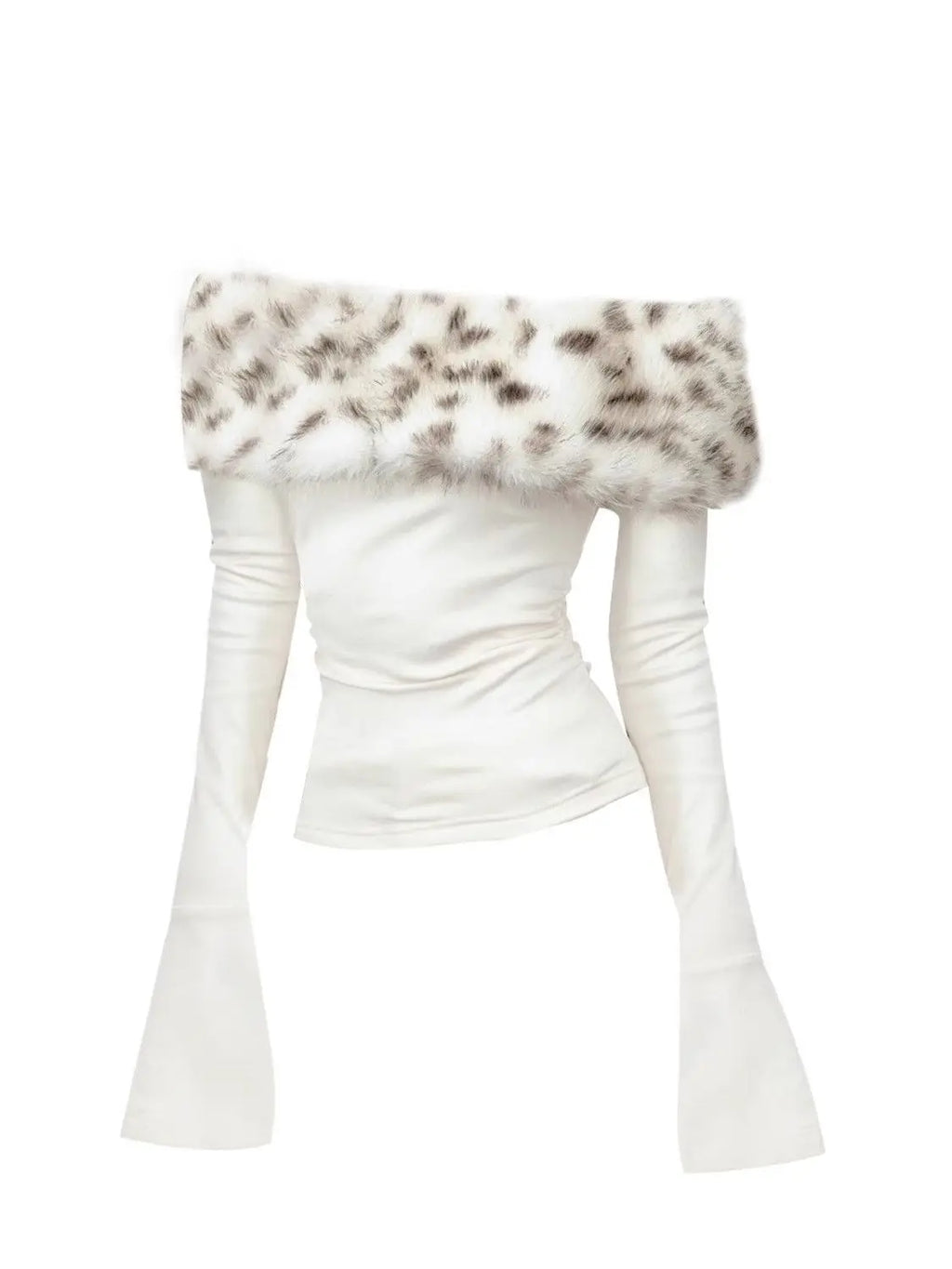 Lux Fur Graphic Long Sleeve Top With Off Shoulder Detail Vintage Inspired White Tee