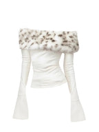 Lux Fur Graphic Long Sleeve Top With Off Shoulder Detail Vintage Inspired White Tee