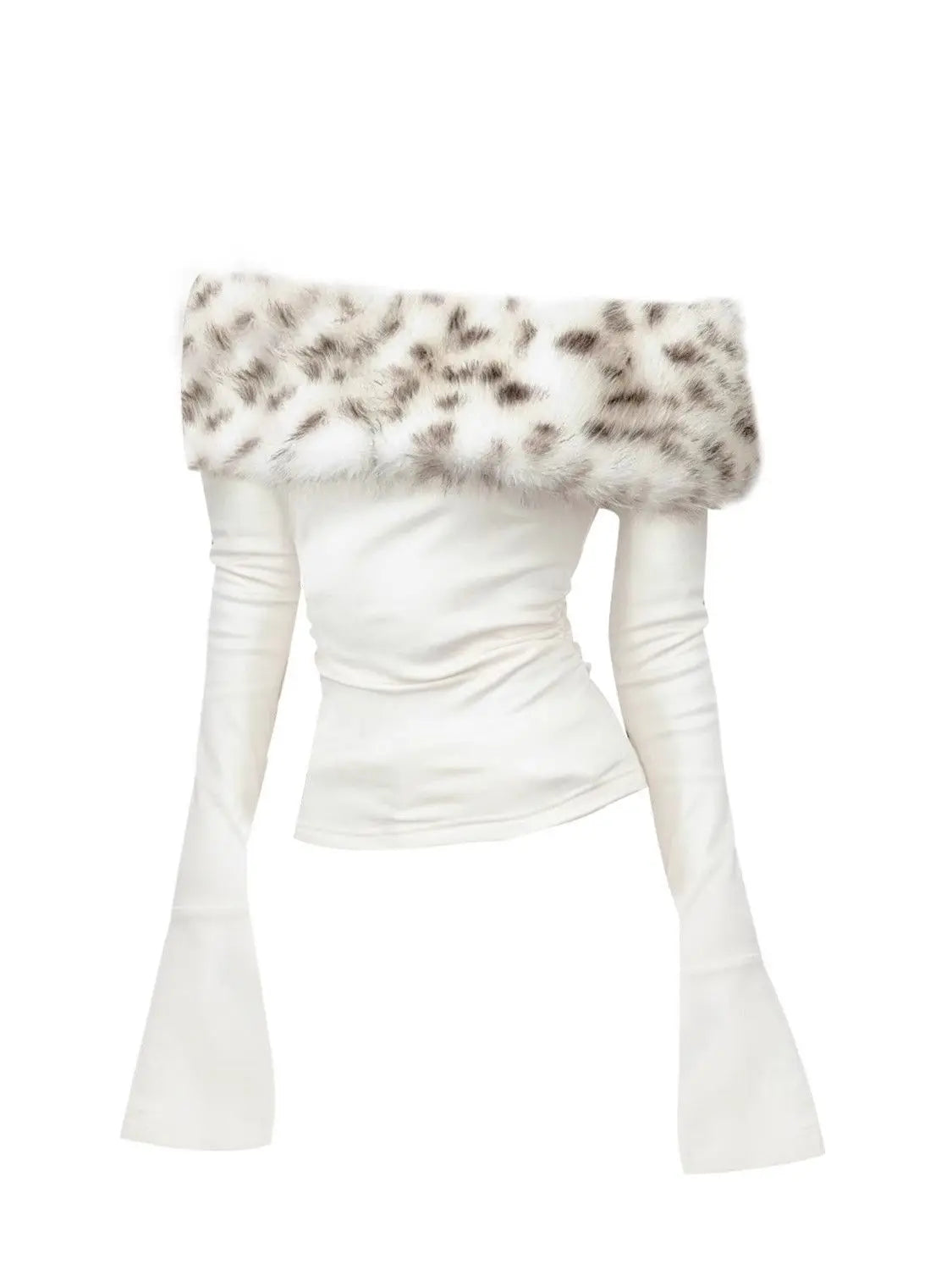 Lux Fur Graphic Long Sleeve Top With Off Shoulder Detail Vintage Inspired White Tee
