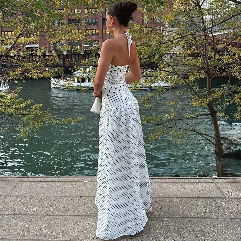 Backless Lace Up Polka Dot Maxi Dress