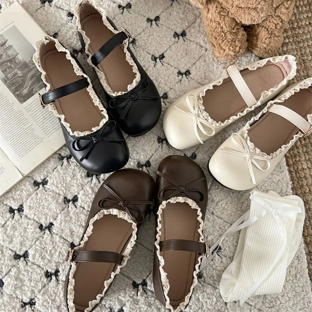 Lolita Inspired Mary Jane Flats With Bow Lace Pu Leather Soft Sole Slip On