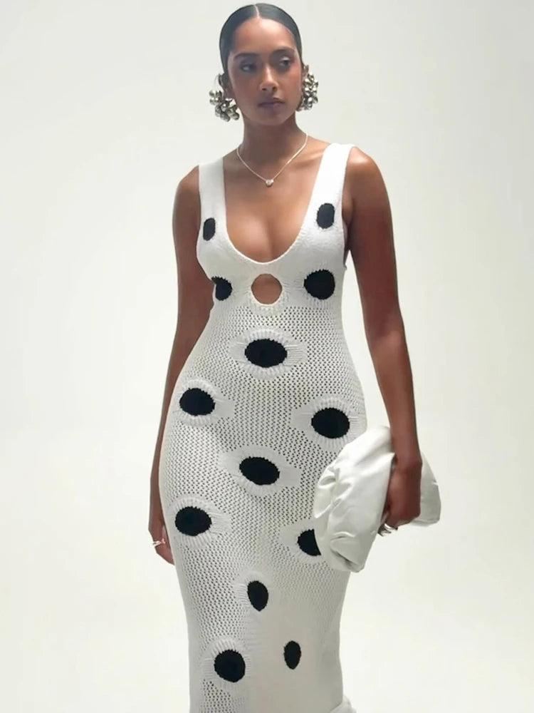 Midnight Sleeveless Knit Maxi Dress With Hollow Dot Tassel Hem
