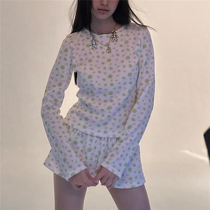 Floral Knit Pajama Set With Crop Top And Low Waist Shorts
