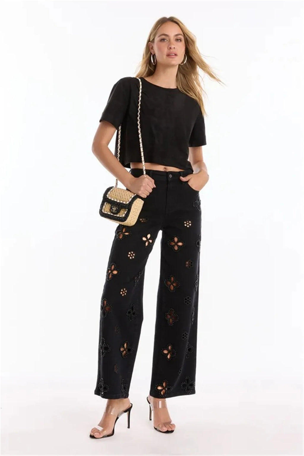 Glam Night Out Beaded Denim Jeans With Pearl Embellishments