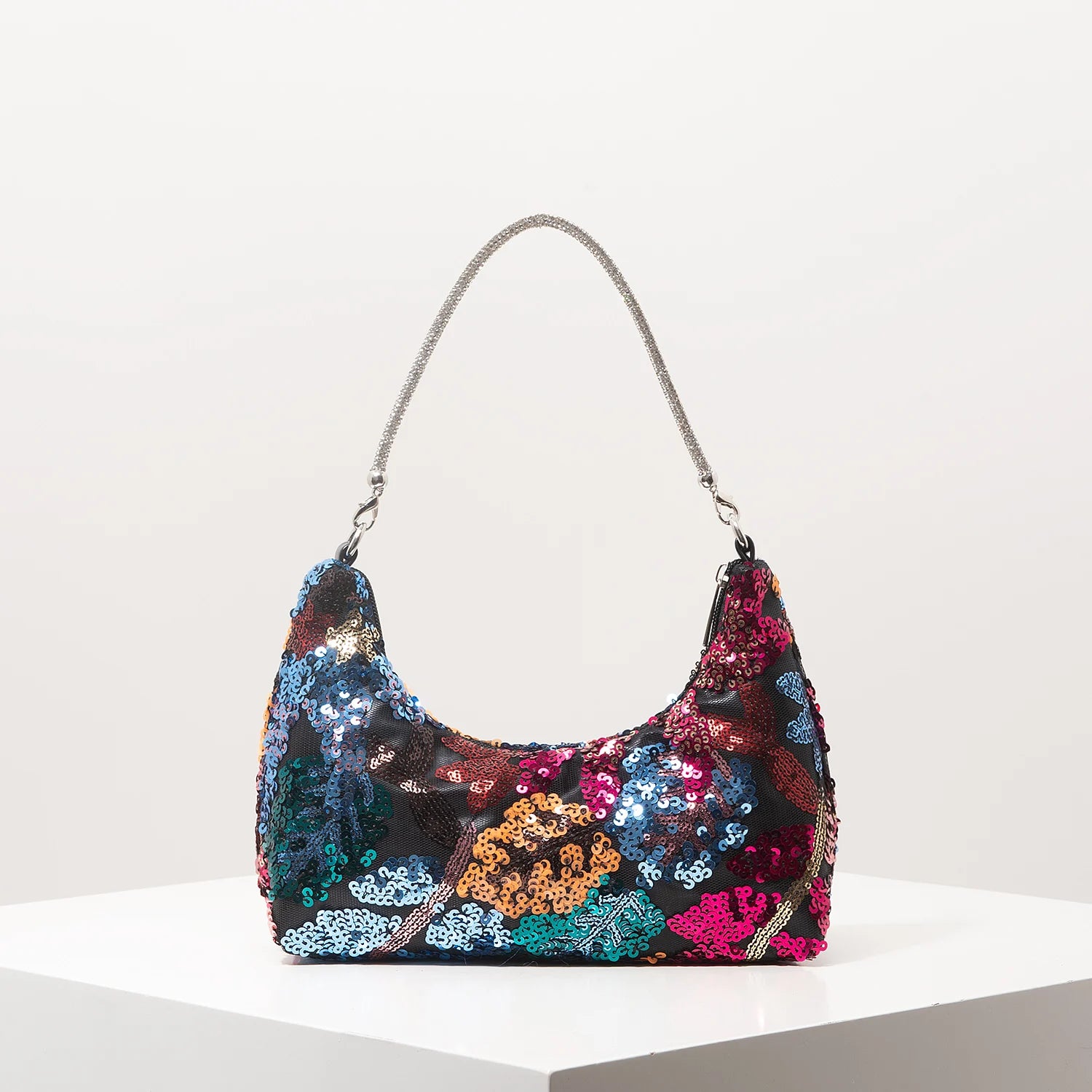 Floral Embroidered Sequin Shoulder Bag For Women Crescent Shape Evening Purse