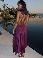 Purple Backless Patchwork Waistless Maxi Dress Irregular Hem