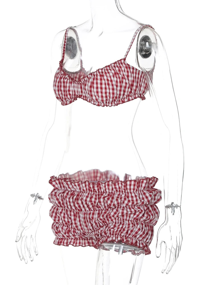 Stripe Two Piece Set With Elastic Camisole And Ruched Shorts l