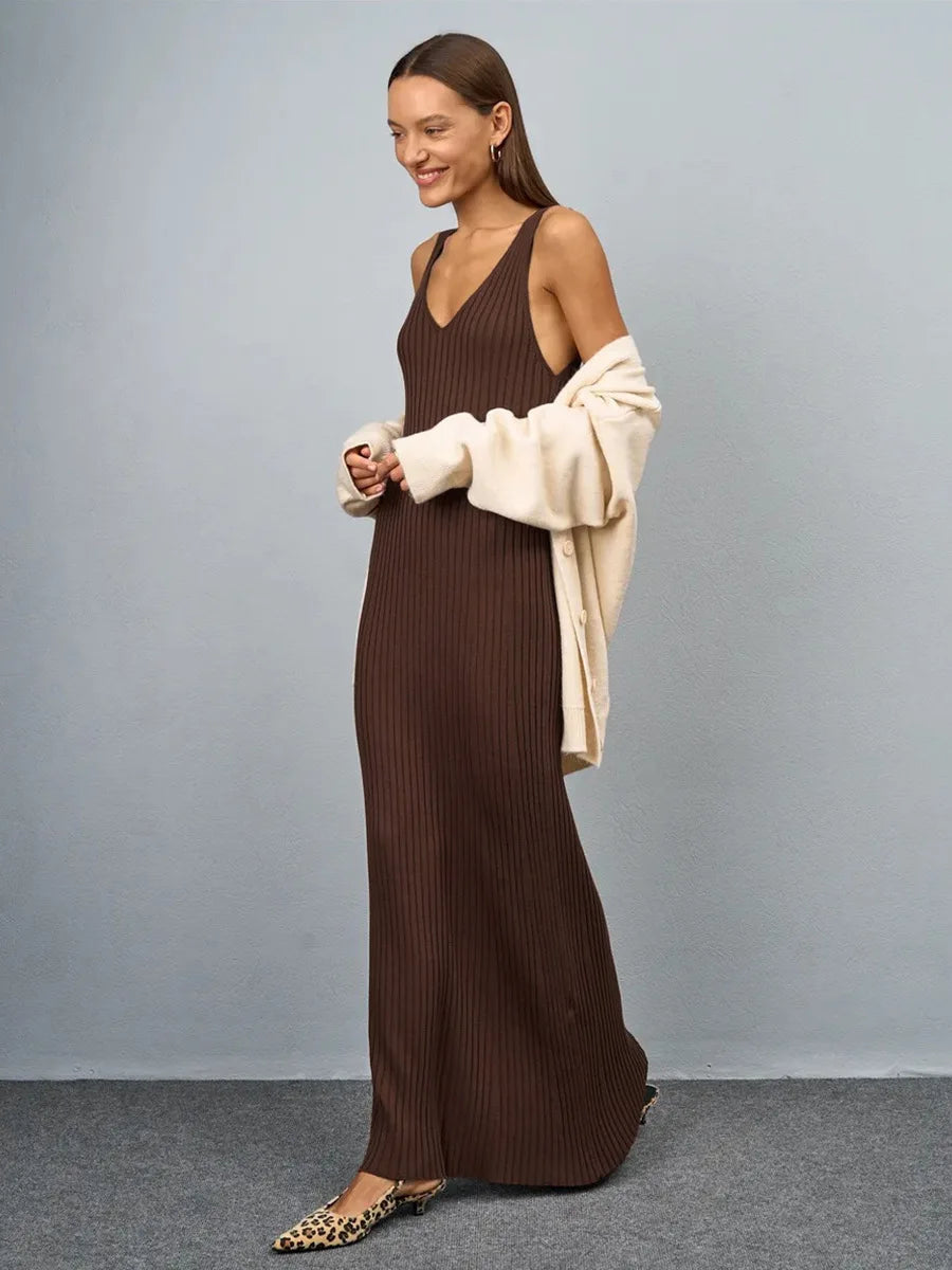 Sleeveless Knitted Dress With Wide Shoulder Straps Inner Long Skirt