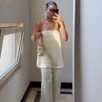 Elegant Satin Two Piece Set With Off Shoulder Top And High Waist Trousers