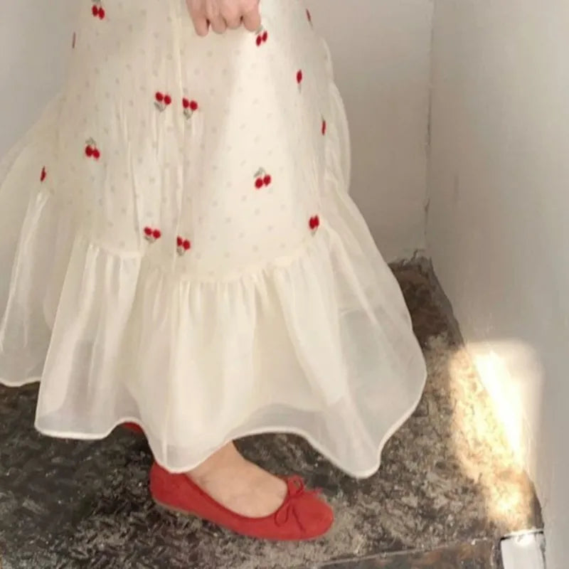 Cherry Patchwork Long Dress With Mesh Detailing