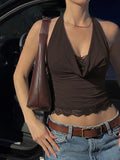 Backless Halter Knit Tank With Lace Up Details And Swing Collar