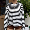 Vintage Luxe Relaxed Striped Tunic Top For Women Long Sleeve Round Neck
