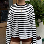 Vintage Luxe Relaxed Striped Tunic Top For Women Long Sleeve Round Neck
