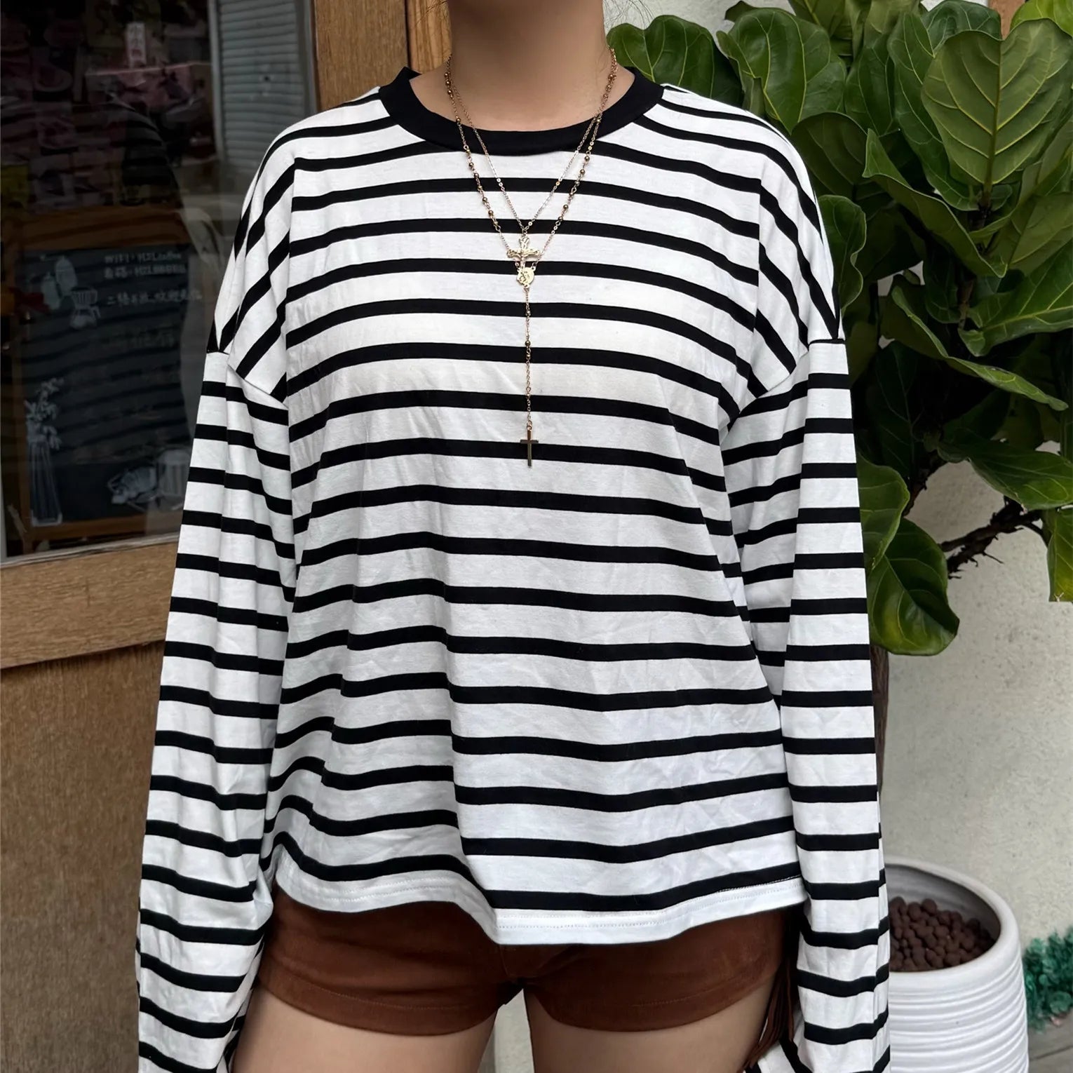 Vintage Luxe Relaxed Striped Tunic Top For Women Long Sleeve Round Neck