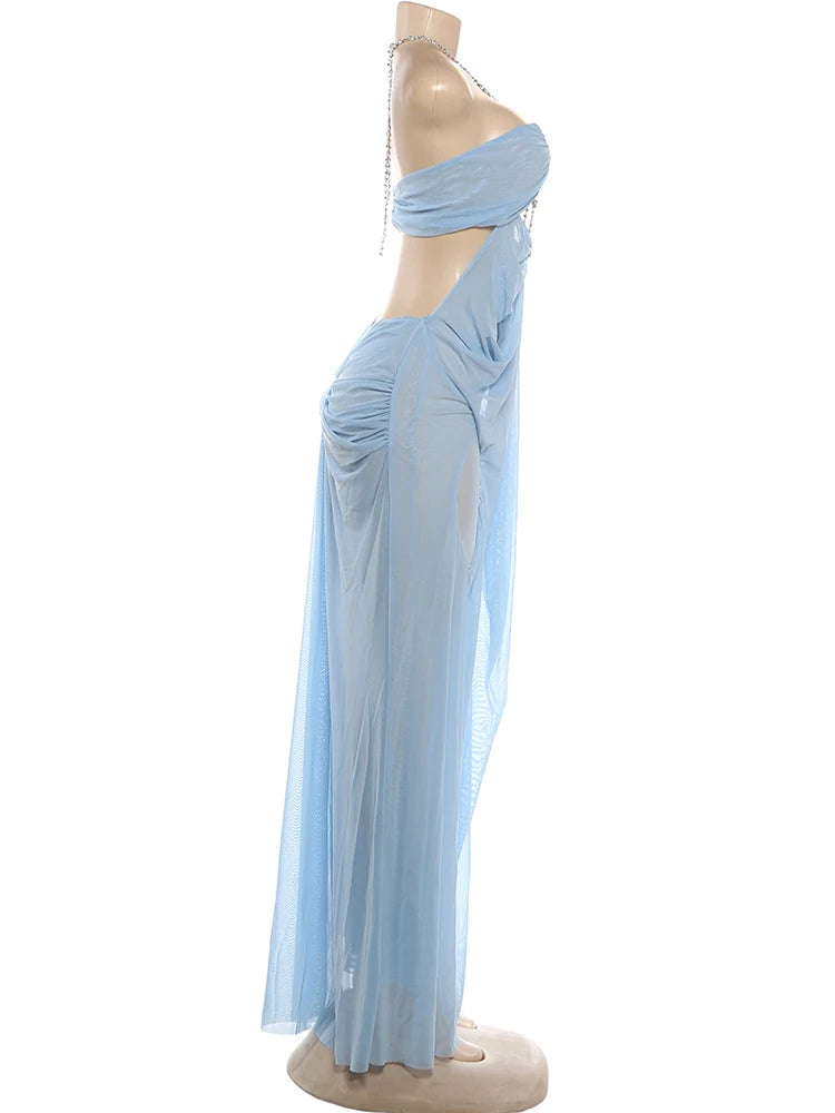 Sheer Halter Gown With Chain Detailing Backless Sleeveless