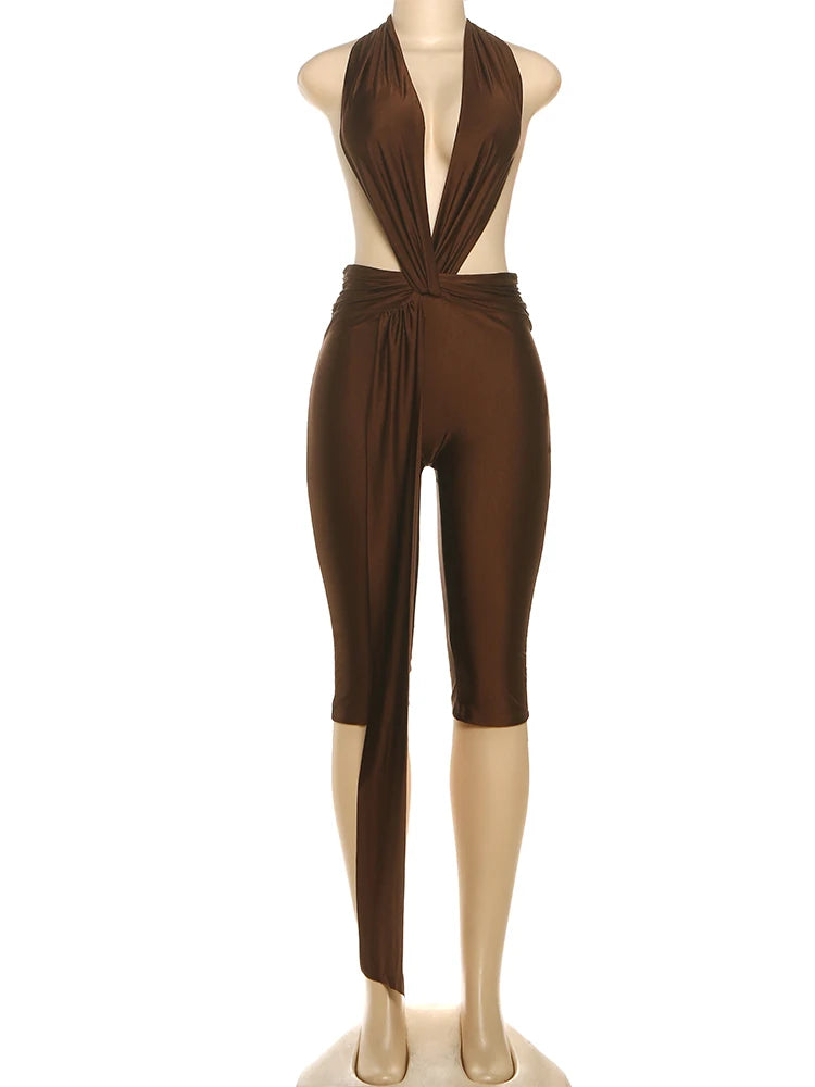 Midnight Patchwork Halter Romper Backless Slim Fit