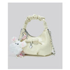 Cloudy Glamour Plush Pendant Shoulder Bag in Glossy Ruched Leather