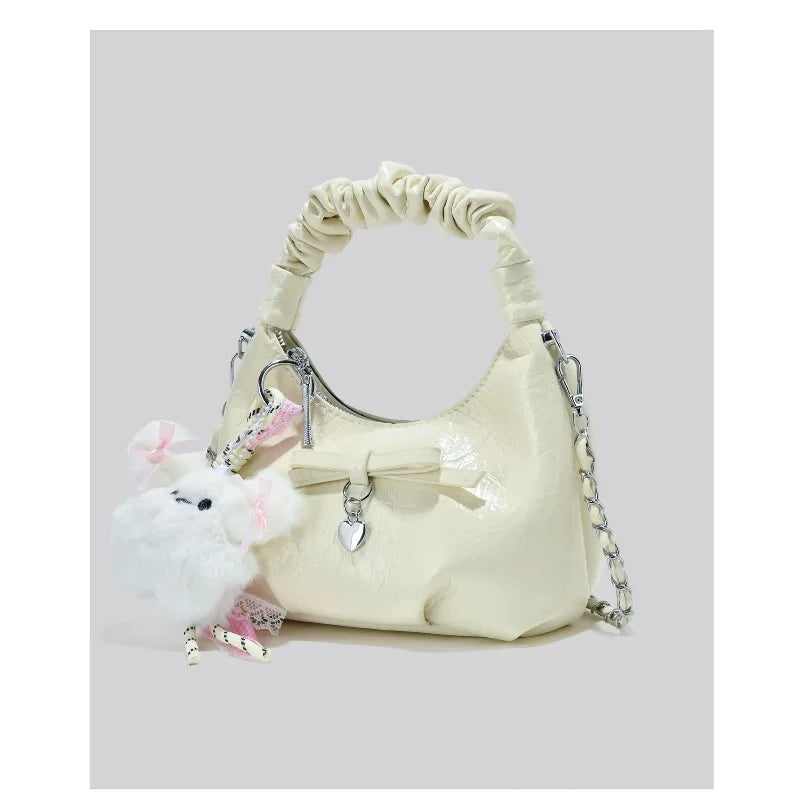 Cloudy Glamour Plush Pendant Shoulder Bag in Glossy Ruched Leather